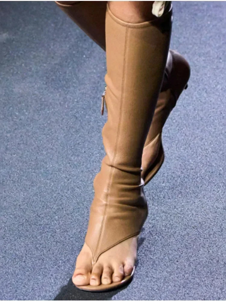 New European and American Fish Mouth Clip Toe Mid Boot, Fashionable Thin High Heel Side Zipper Women's High Tube Cool Boot