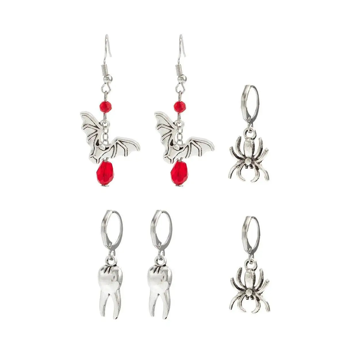 Goth Halloween Red Crystal Bat Spider Tooth Shape Pendant Earrings Trendy Personality Piercing Drop Ear Jewelry Accessory