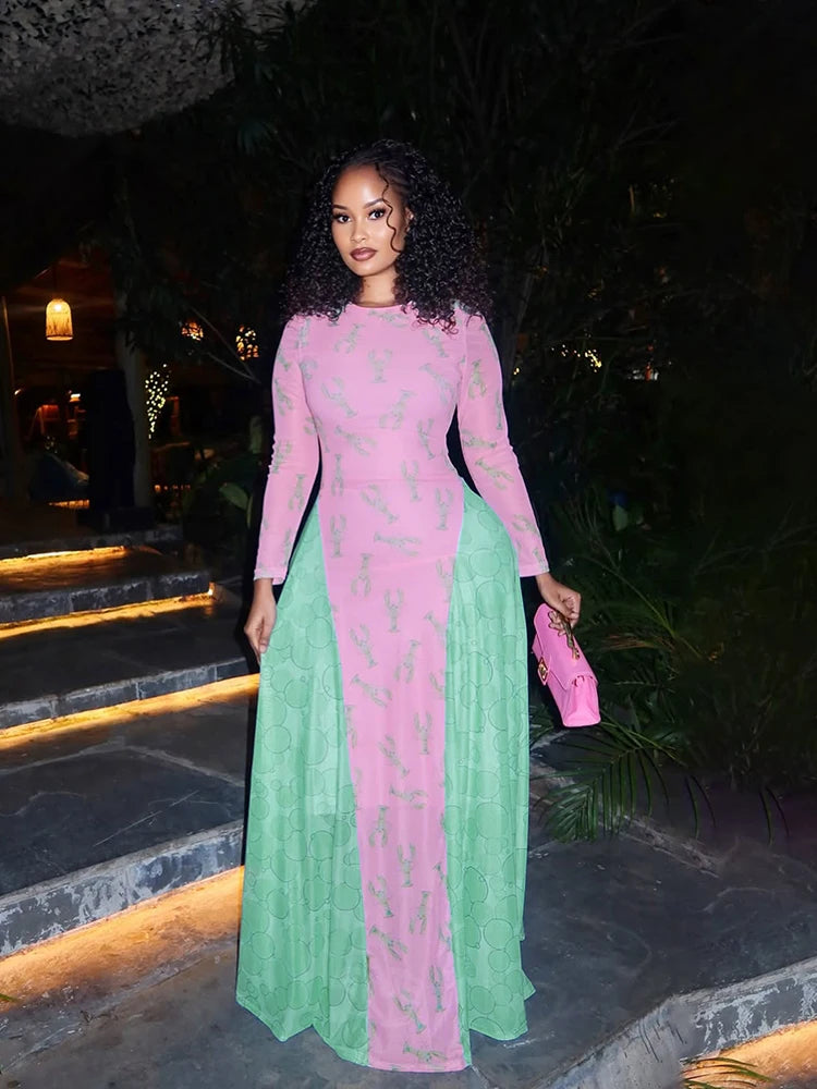 Contrast Patchwork Long Dress Women Crayfish Print o-Neck Full Sleeve See Through Hem Autumn Fashion Elegant Vestidos