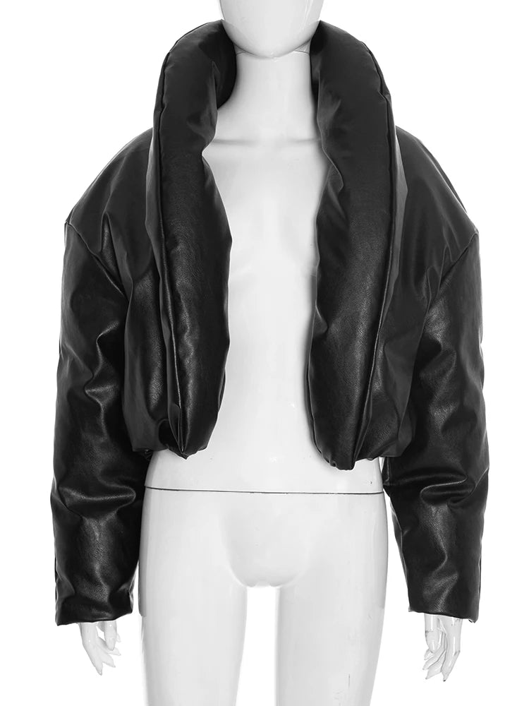 PU Waterproof Crop Puffer Jacket Women Winter Warm Leather Stand Collar Quilted Parkas Full Sleeve Streetwear Coat