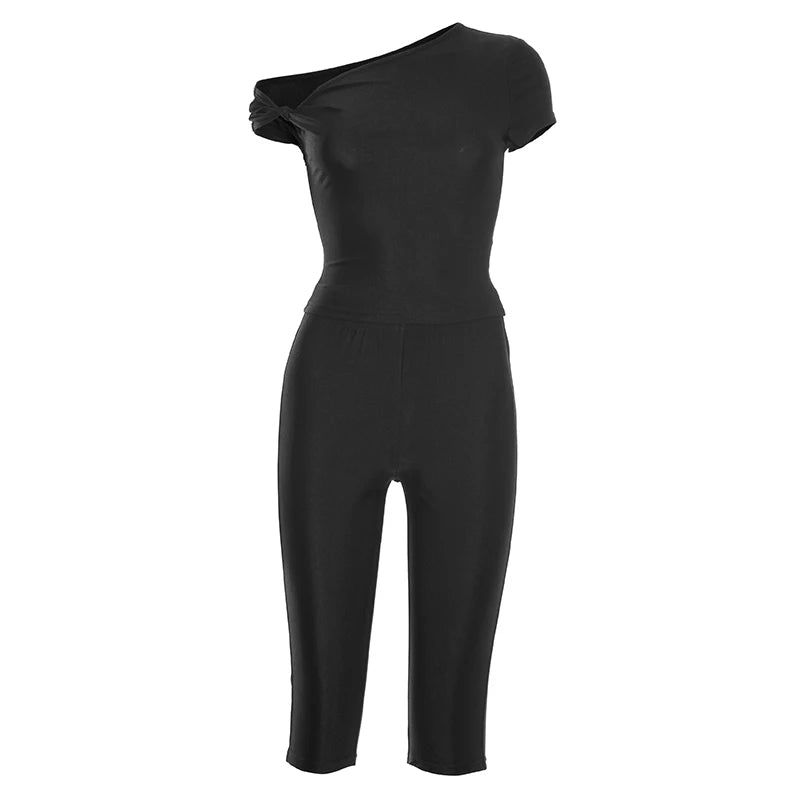 Sexy Irregular Knot 2-Piece Set Women Diognal Collar Crop Top+Capri Pants Stylish Solid Hottie Street Slim Outfits