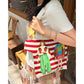 Striped Figure Applique Canvas Tote Bag, 2 Colors Cute Cartoon Character Patch Large Capacity Shoulder Shopping Bag