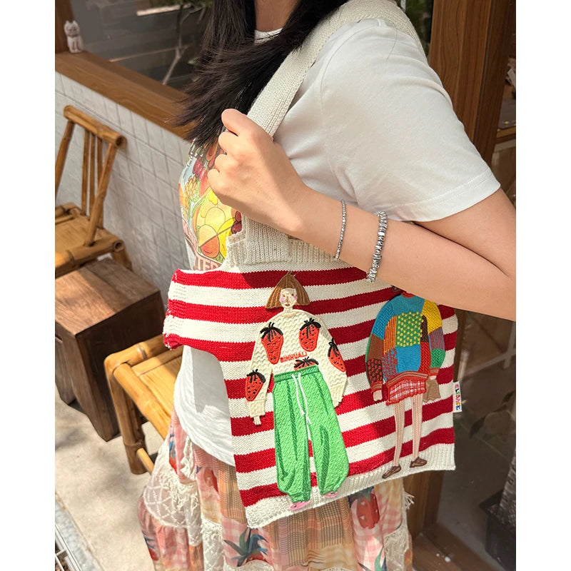 Striped Figure Applique Canvas Tote Bag, 2 Colors Cute Cartoon Character Patch Large Capacity Shoulder Shopping Bag