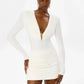 Women Deep V Neck Shoulder Pads Sexy Mini Dress Long Sleeve Gold Metal Decor Ruched Bodycon Dress Nightclub Party Dress