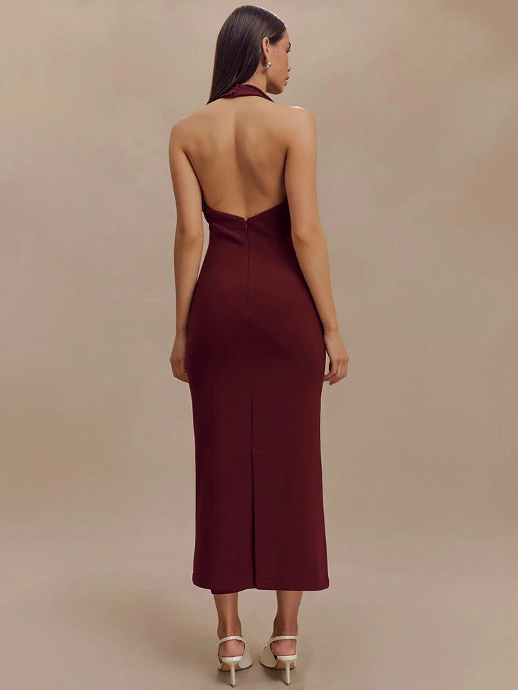 Halter Deep V Neck Sleeveless Sexy Maxi Dress For Women Elegant Backless Bodycon Tank Dress Femme Fashion Long Dress