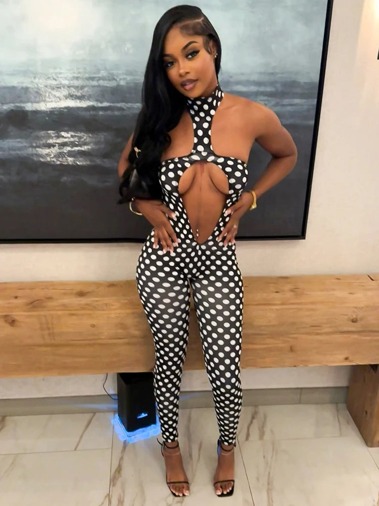 Backless Hollow jumpsuit Women Trend Polka Dot Print Halter Sleeveless Fashion Sexy Midnight Street Party Clubwear