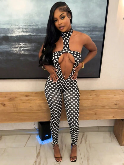 Backless Hollow jumpsuit Women Trend Polka Dot Print Halter Sleeveless Fashion Sexy Midnight Street Party Clubwear