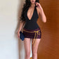 Street Mini Dress Woman Contrast Patchwork Bandage Halter Low-Neck Backless Skinny Peach Hip Y2K Elegant Style Bodycon