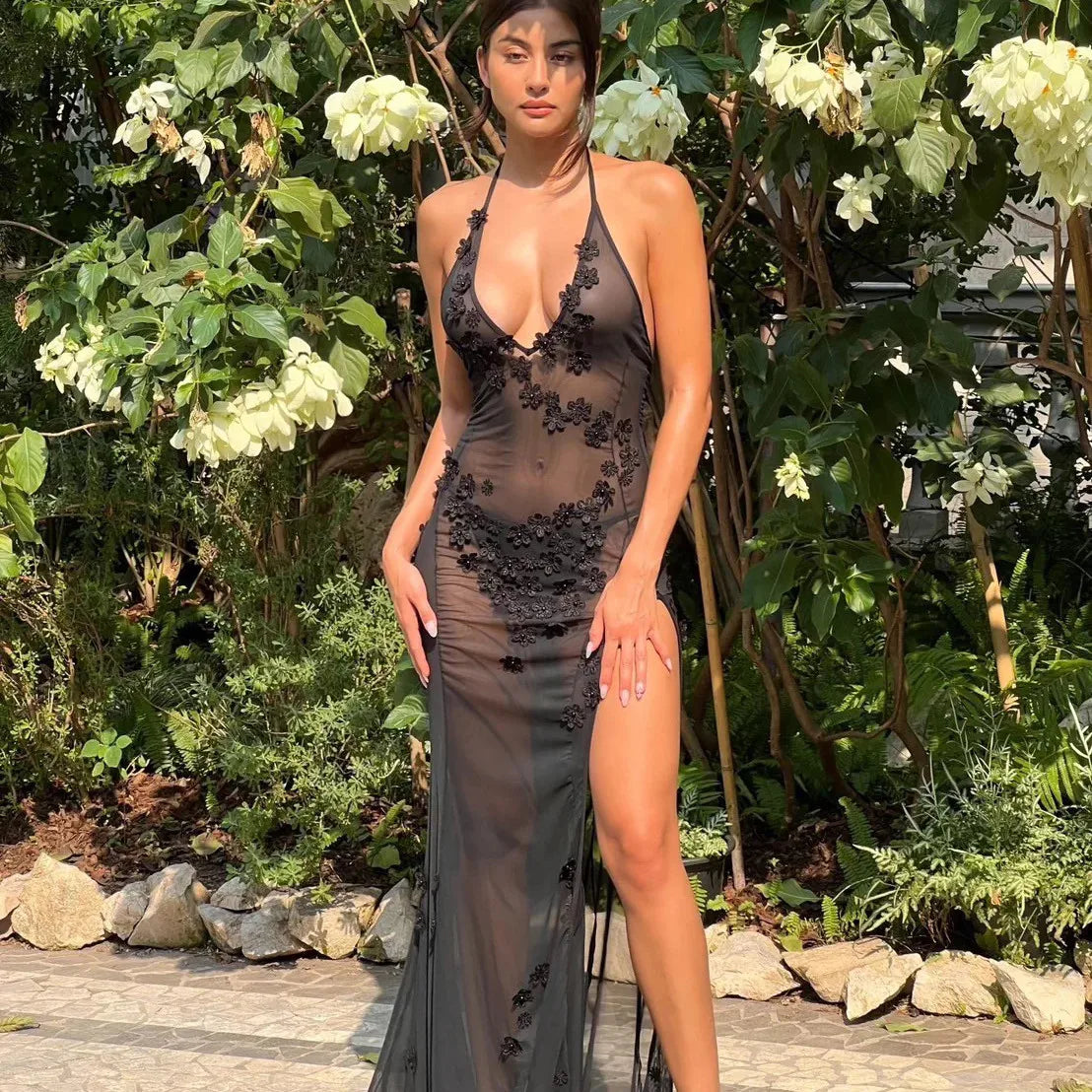 Women Y2k Mesh Maxi Dress Sexy Spaghetti Strap Bodycon Long Dress Sleeveless Backless See Through Cami Dress Party Club