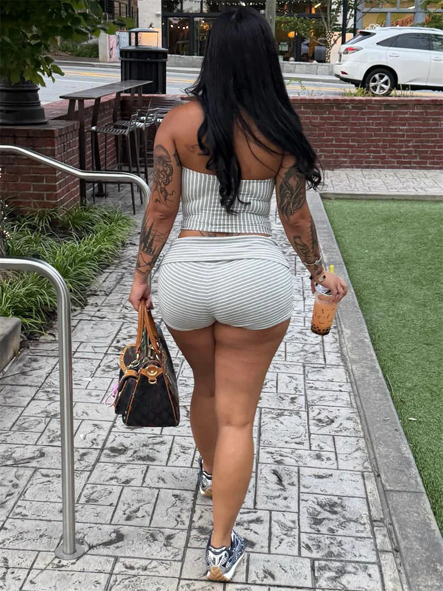 Striped Print 2 Piece Set Women Fashion Classic Sleeveless Tank Top+Patchwork Bike Short Stretch Trend Streetwear