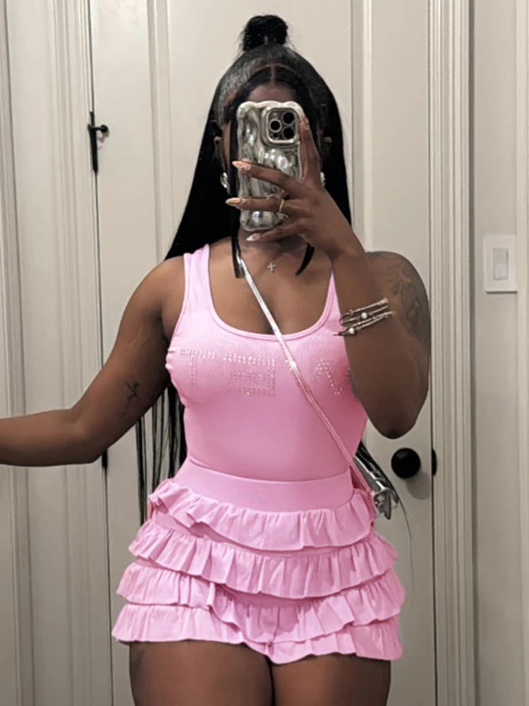 Sexy Fashion 2 Piece Set Women Rhinestones Letter Print Tank Tops+Ruched Tierred Shorts Hot Girls Hipster Streetwear