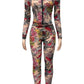 Colorful Print Women 2 Piece Set See Through Hooded Crop Jacket+Leggings Sexy Hipster Matching Midnight Clubwear Suit