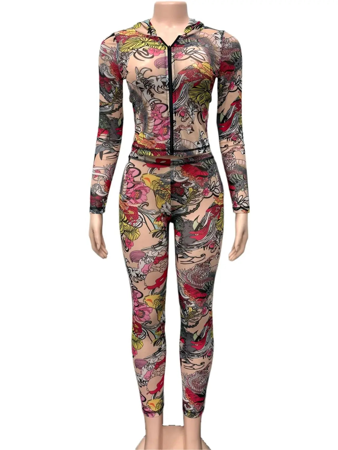Colorful Print Women 2 Piece Set See Through Hooded Crop Jacket+Leggings Sexy Hipster Matching Midnight Clubwear Suit