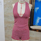 Women's Summer Y2K Gingham Halter Top Two Piece Outfit Backless V Neck Crop Top and Ruffle Hem Smocked Shorts Set