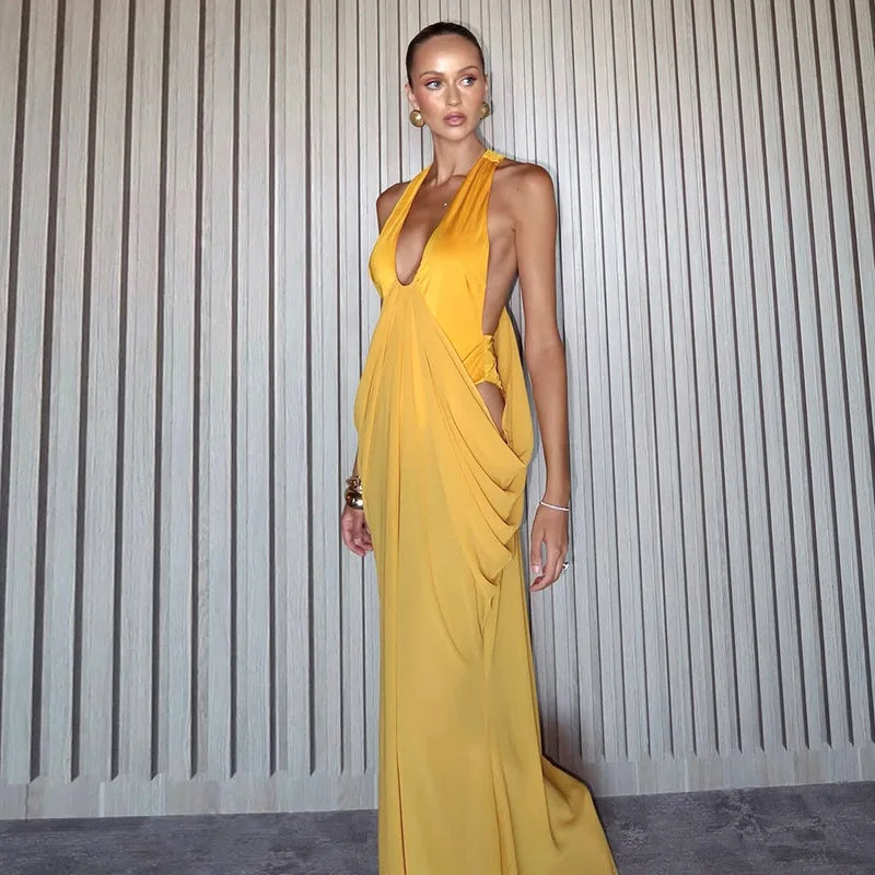 Deep V Neck Backless Maxi Dresses for Woman Sexy Elegant Mesh Patchwork Yellow Fancy Dinner Dress