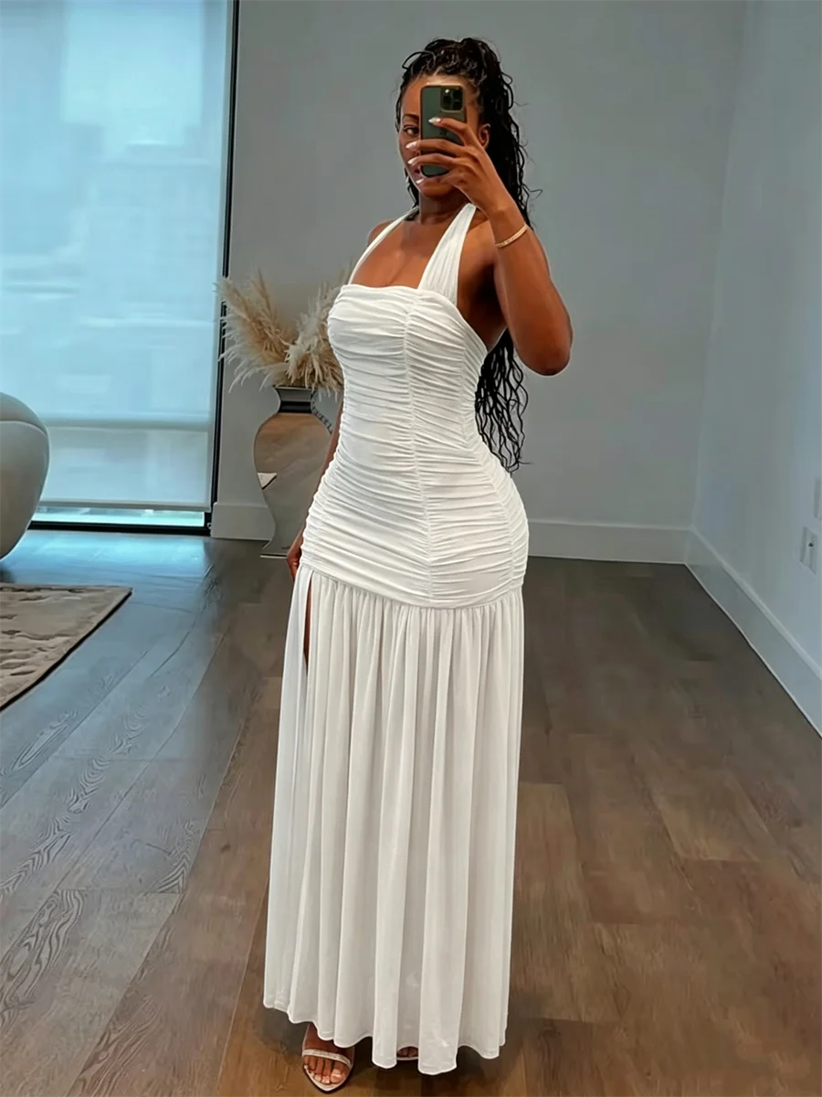 High Split Simple Dresses Women Sexy Halter Ruched Trend Backless Sleeveless Pleated Elegant Party Street Bodycon
