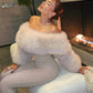 Peach Buttocks Sexy Fashion Jumpsuits Woman Winter Style Furry Patchwork Slash Neck Full Sleeve Skinny Street Overalls