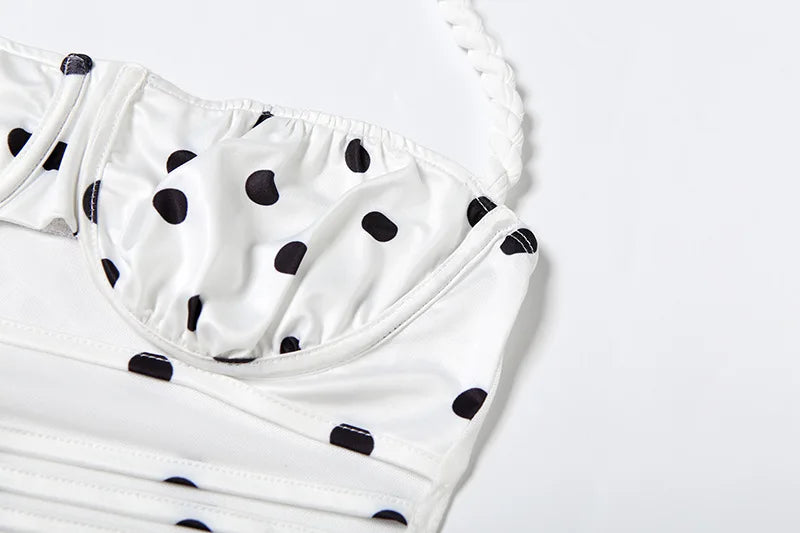 Polka Dot Print White Two Piece Set Woman Twisted Cutout Halter Top and Midi Skirt Elegant Sexy Summer Outfit