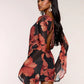 Mesh Patchwork Mini Dress Woman Floral Print Swing Collar Lace-Up Backless Full Sleeve High Street Elegant Bodycon