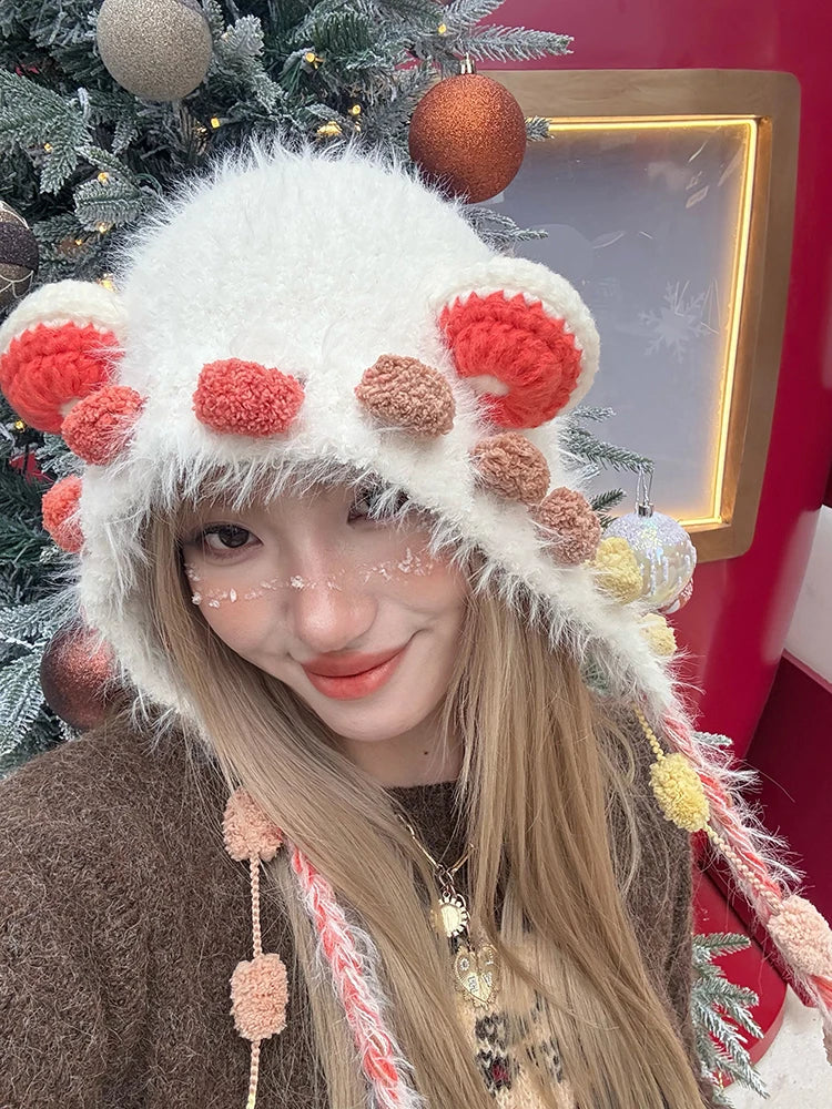 Cute 3D Ear Pom Pom Ear Flap Knit Beanie For Women