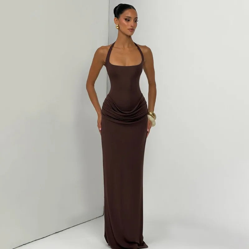 Halter Backless Ruched Maxi Dress Evening Gown Brown Classy Dresses for Woman Elegant Wedding Guest