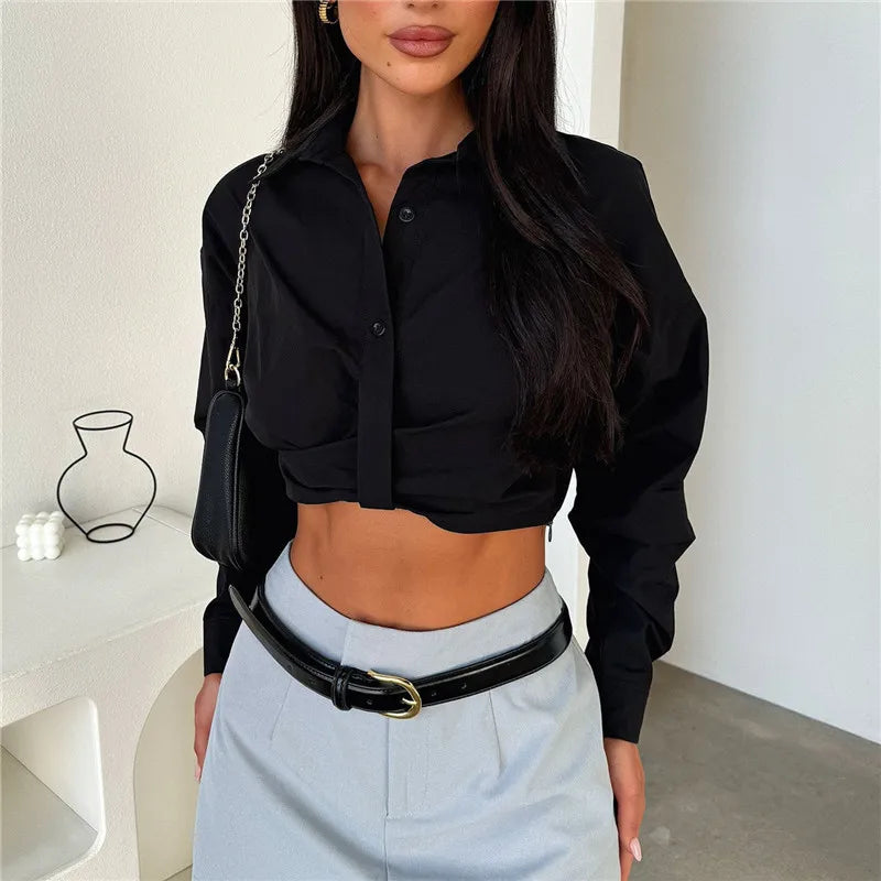 Women’s Cropped Button Down Shirts Fashion Lapel V-Neck Long Sleeve Solid Color Tops Spring Fall Blouse Streetwear