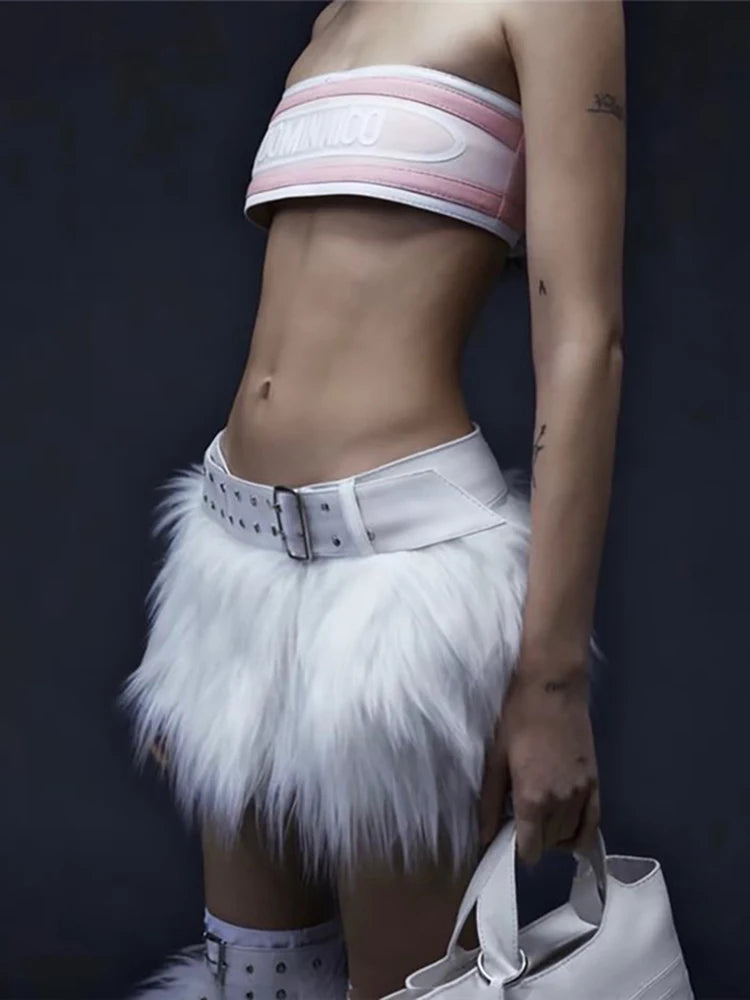 Winter Furry Tassel Skirt Women Sexy Hottie Trend Metal Buckle Belt Wild Hottie Street Skinny Club Hipster Mini Bottom