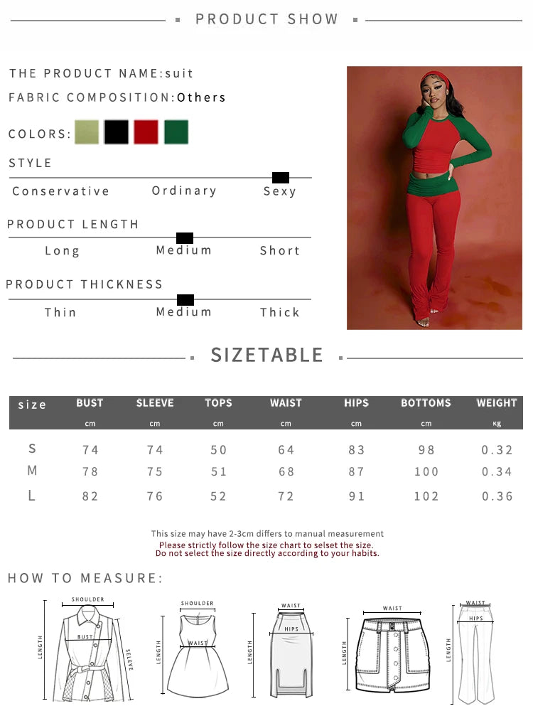 Christmas Party 2Piece Set Woman Contrast Patchwork o-Neck Full Sleeve Crop Tops+High Waist Long Pant Casual Fashion Suit