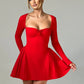 Long Sleeve A-line Sexy Mini Dress For Women Robe Autumn Fall Bow Square Collar Pleated Dress Elegant Dresses