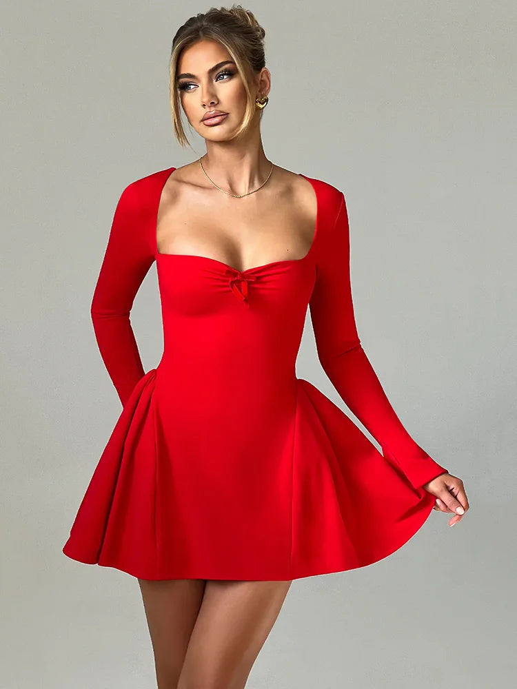 Long Sleeve A-line Sexy Mini Dress For Women Robe Autumn Fall Bow Square Collar Pleated Dress Elegant Dresses