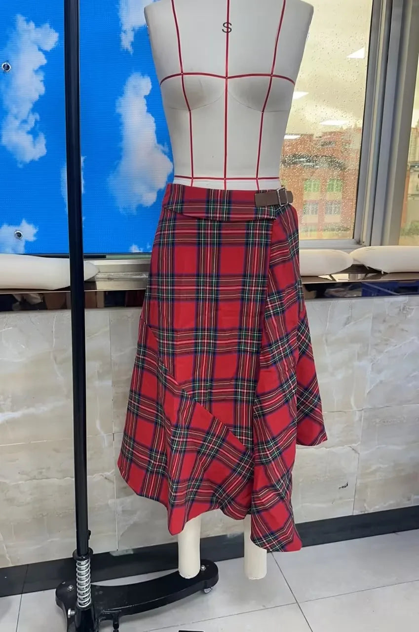 Vintage Asymmetrical Plaid Maxi Skirt for Women Gothic Pirate Elastic Waist A-Line Pleated Long Skirts Y2K Streetwear