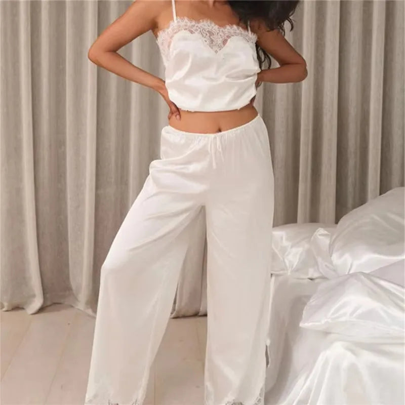 Women's 2 Piece Lounge Set Solid Sleeveless Spaghetti Strap Lace Trim Babydoll Cami Tops and Loose Pants Sleepwear