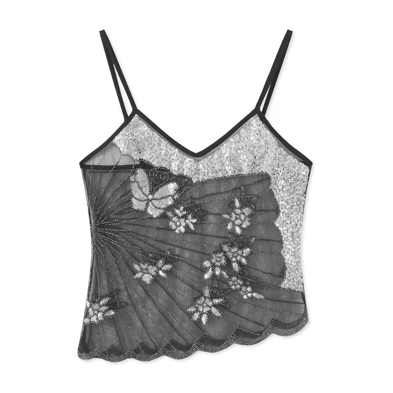 Sexy Sequin Slim Fit Irregular Strap Tank Crop Tops Versatile Sexy Hot Girl Summer Mesh See Through Sleeveless Tee Shirt