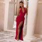 Halter Neck High Slit Ruched Maxi Dress Elegant for Woman Wedding Guest Party Dresses