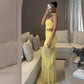 Sheer Mesh Ruffled Hollow Halter Fishtail Maxi Dresses for Woman Elegant Birthday Party Dress Yellow Black