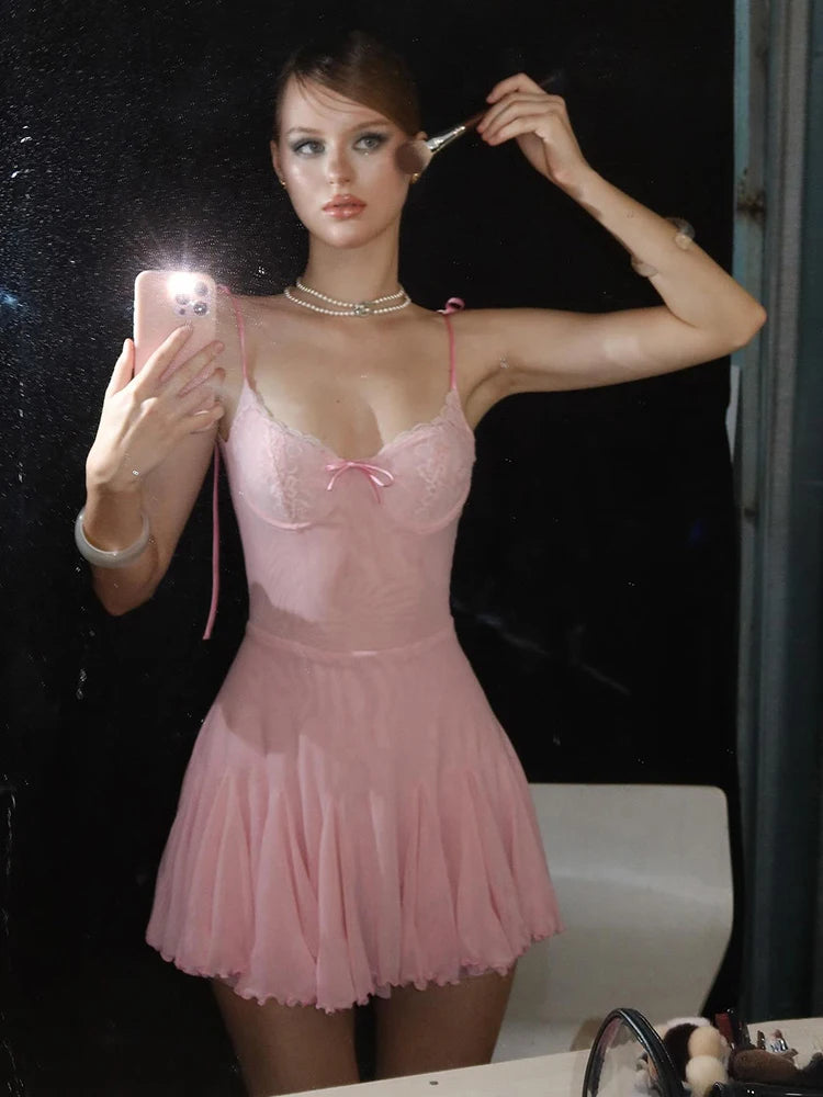 Lace Patchwork Dress Women Backless Bow Lace-Up Sleeveless Thinny Pleated Solid Midnight Clubwear Party Mini Bodycon