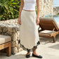 French Satin Lace Trim Midi Skirt Women High Waist Asymmetrical Hem Flowy Elegant Skirt For Office Commute Date Night