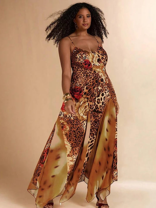 Patchwork Colorful Leopard Print Dress Women Fashion Hottie Irregular Hem Low-Neck Trend Wild Vacation Party Clubwear