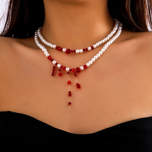 Unique Multilayer Blood Pattern Imitation Pearl Pendant Choker Necklace Women Wed Bridal Goth Short Choker Y2K Jewelry