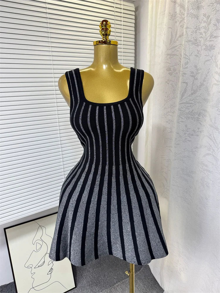 Stripe Patchwork Crochet Mini Dress Women Summer Trend Square Collar Backless Sleeveless Prom Party Elegant Outfits