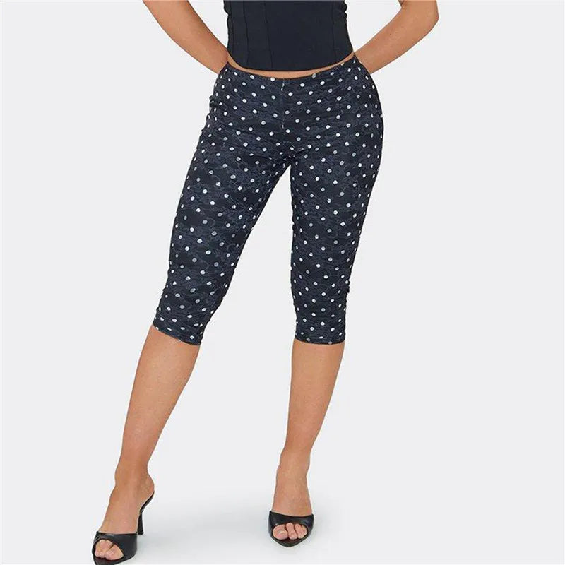 Y2K Retro Polka Dot Lace Capri Leggings Women High Stretch Slim Bodycon Knee Length Cropped Pants Cute Street Bottoms