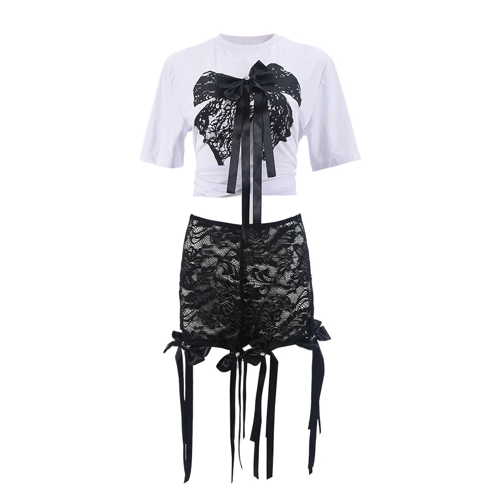 Trend 2 Piece Set Women Summer Applique Print Shorts Sleeve Crop Tops+Sexy See Through Bow Tassel Shorts Streetwear