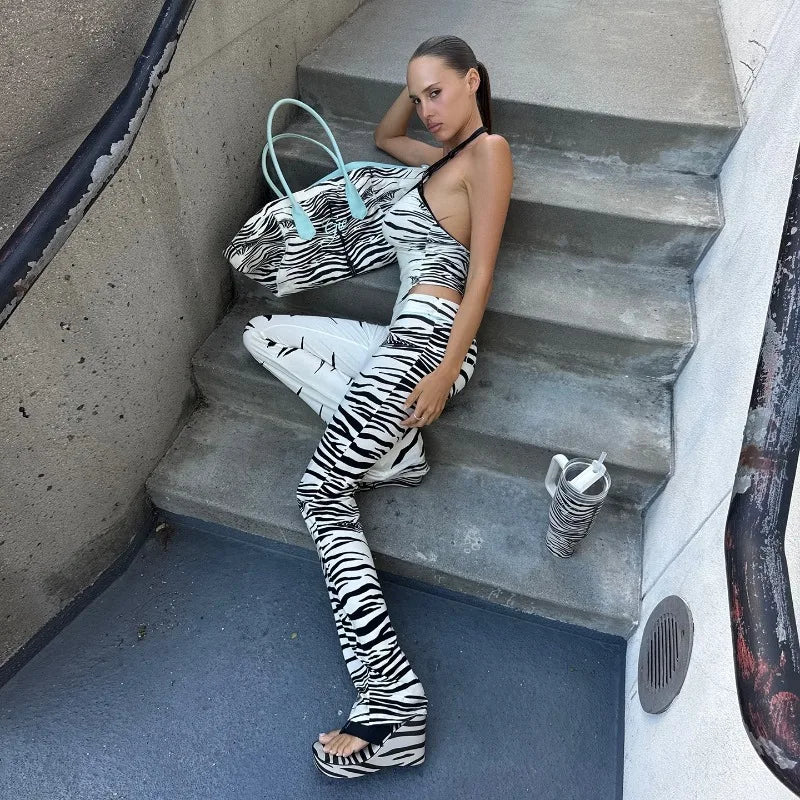 Zebra Print Two Piece Matching Set Halter Top and Pants Fashionable Woman Clothing Rave Outfits Y2k Streetwear