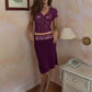 Women 2 Piece Set Lace Short Sleeve Crop Top Midi Skirt Set V Neck Bodycon Skirt Suit Evening Club Party Matching Sets