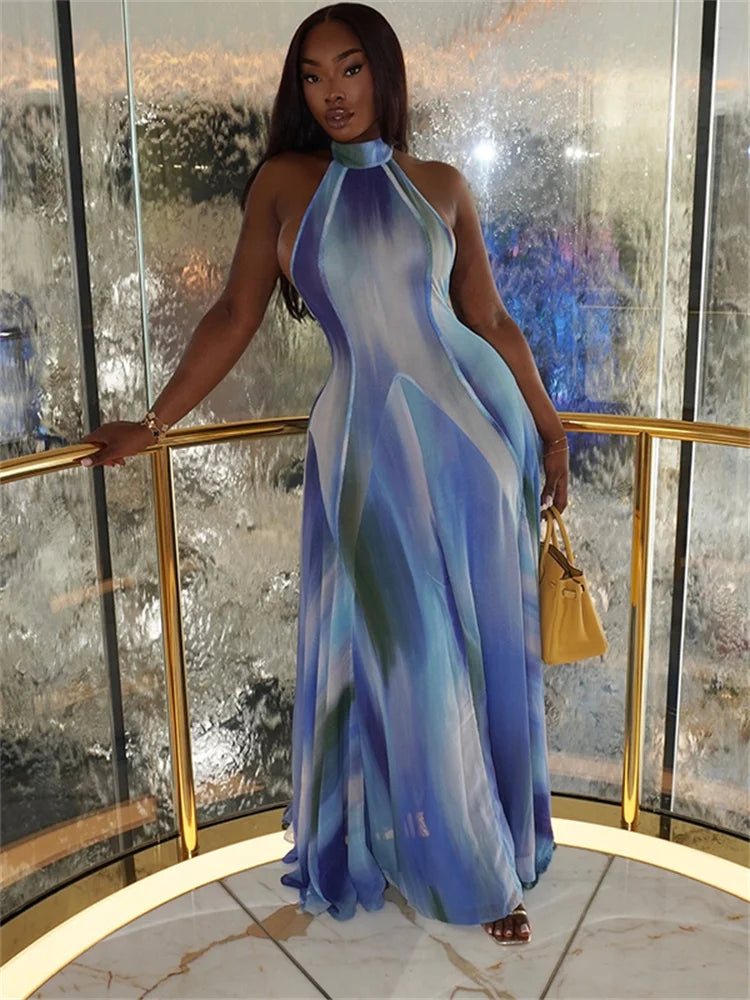 Gradient Print Dress Women Turtleneck Sleeveless Ruched Ruffles Elegant Robe Midnight Banquet Party Hipster Vestidos