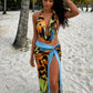 Colorful Print 2 Piece Set Woman Halter Swing Collar Bakcless Tank Tops+High Splits Long Skirts Sexy Fashion Suits