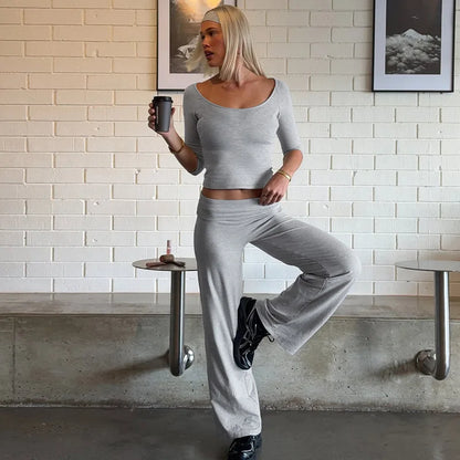 Grey Knit Matching Set Casual 2 Piece Sets Scoop Neck Top and Low-rise Pants Coords Set for Woman Fall Outfit