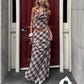 Vintage Plaid Print Halter Neck Two Piece Set Cowl Neck Backless Crop Top and Maxi Skirt Summer Retro Inspired Outfits
