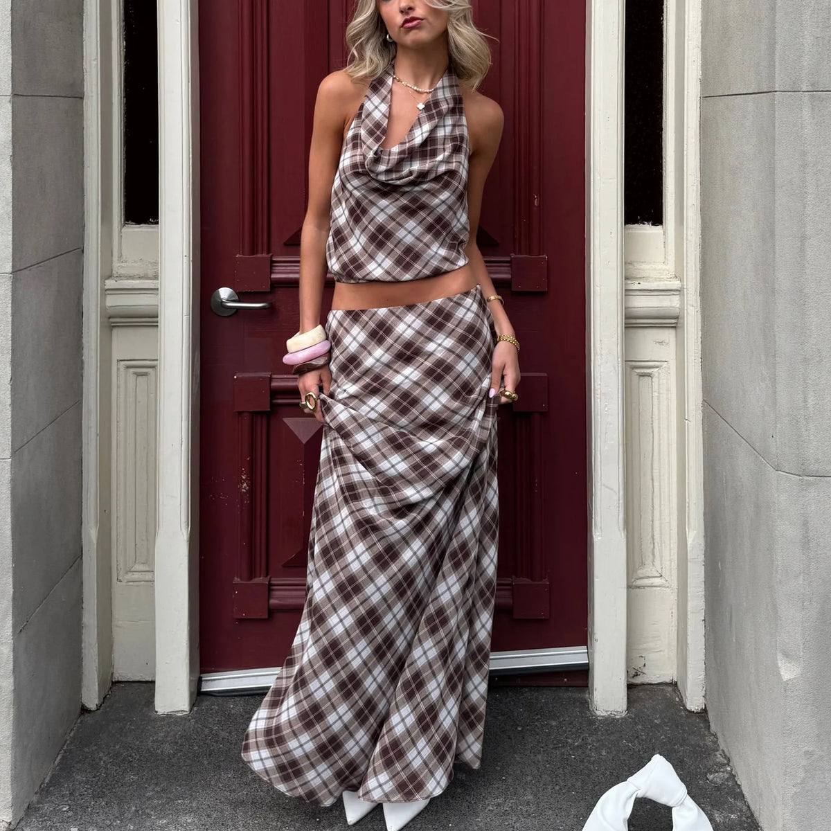 Vintage Plaid Print Halter Neck Two Piece Set Cowl Neck Backless Crop Top and Maxi Skirt Summer Retro Inspired Outfits