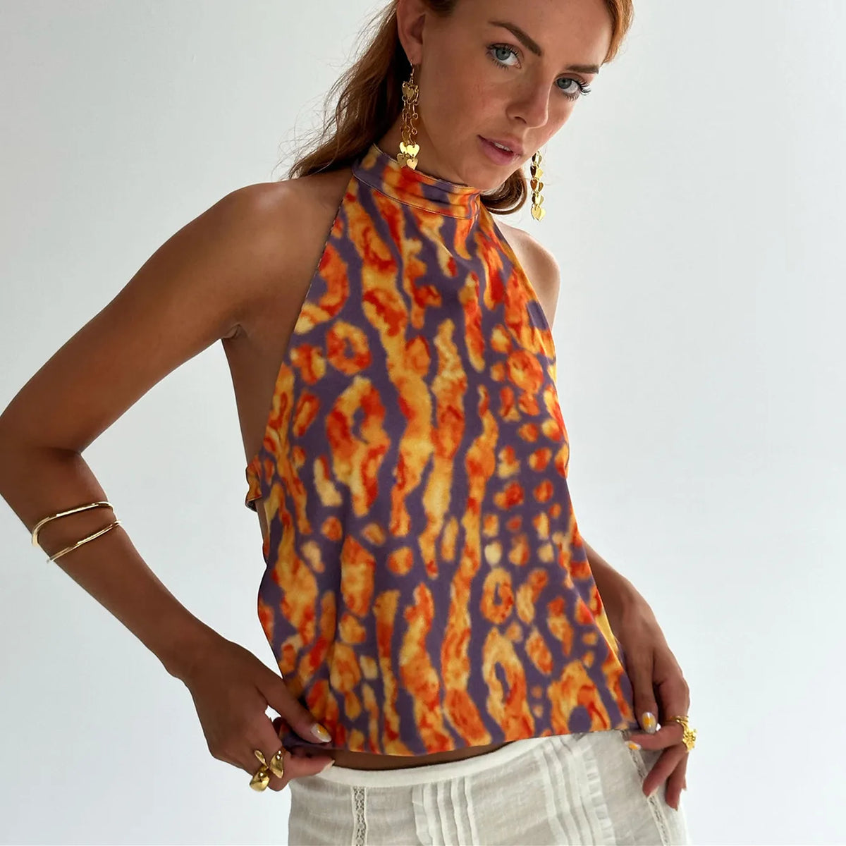 Women Y2k Floral Printed Halter Tank Top Summer Going Out Cami Tops Boho Sexy Backless Vacation Beach Camisoles